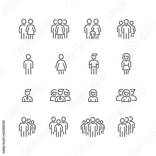 Vector line set of icons related with people. Contains monochrome icons like person, team, man, woman, group, crowd and more. Simple outline sign.