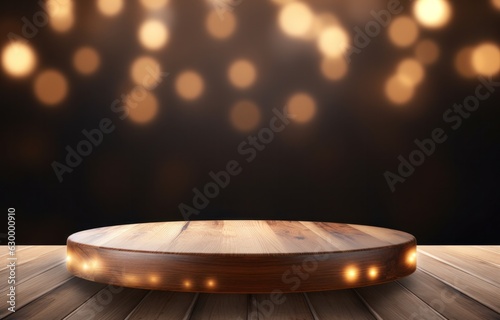 Wooden empty table with bokeh background