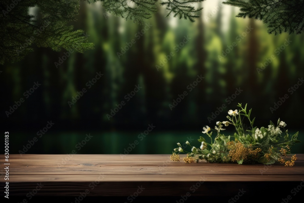 Lake natural background with empty rustic table