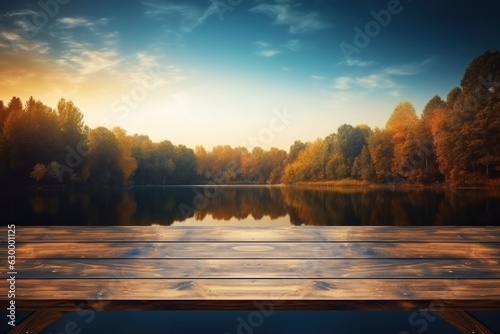 Lake natural background with empty rustic table
