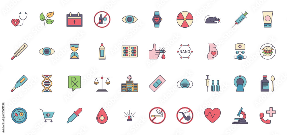 Fototapeta premium Medical Vector Icons Set. Line Icons, Sign and Symbols in Outline Fill Design Medicine and Health Care with Elements for Mobile Concepts and Web Apps. Collection Modern Infographic Logo and Pictogram