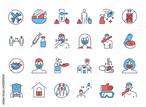 Coronavirus Prevention vector icons. Isolated on white background. Contains such Icons as Washing Hands, Outbreak Map, Man and Woman Wearing Face Mask, avoid travel, wash fruits, vaccine, clean