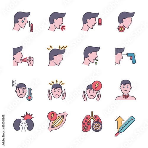 Coronavirus symptoms related vector icons set. Contains such Icons as headache, fever, high temperature, pneumonia, sore throat, cough, muscle pain, kidney failure, lungs Infection, fatigue