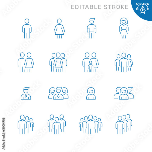 Vector line set of icons related with people. Contains monochrome icons like person  team  man  woman  group  crowd and more. Simple outline sign. Editable stroke.