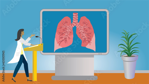 Woman in lecture about lungs, pulmonis, pulmonar diseases. Gesturing and standing in front of big modern screen for education. Dimension 16:9. Vector illustration.