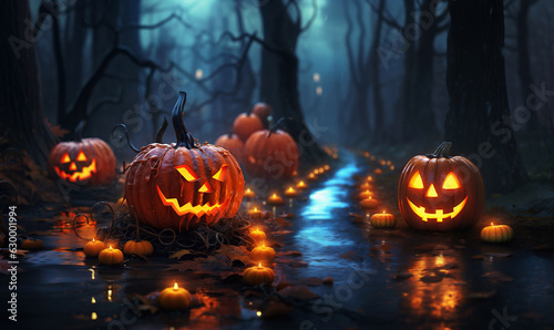 creepy halloween backgound with jack o  lantern pumpkins on the foggy night street autumn leaves and candles