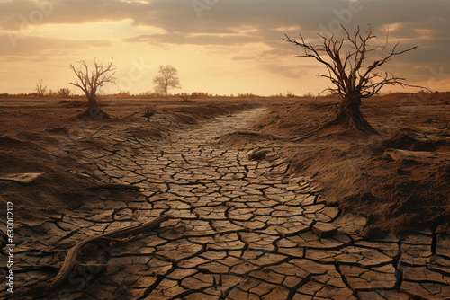 Dried land in hot season. Cracked soil. No water. Generative ai.