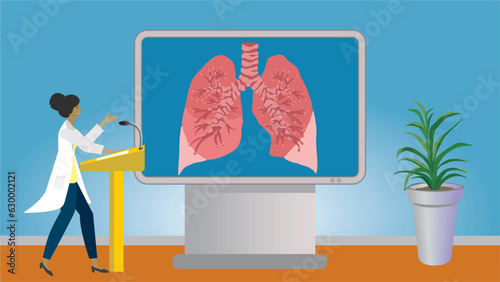 Woman in lecture about lungs, pulmonis, pulmonar diseases. Gesturing and standing in front of big modern screen for education. Dimension 16:9. Vector illustration.