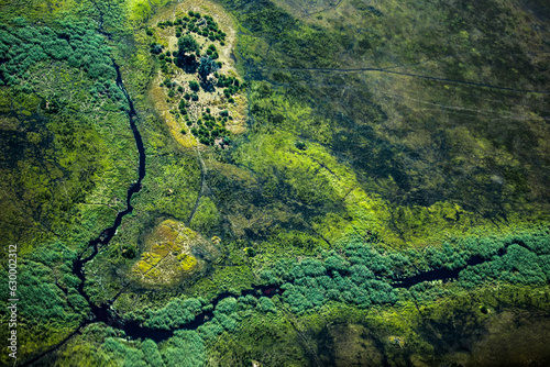Aerial view of patterns in the Okavango Delta as the river moves