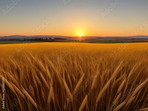 Un campo de trigo vibrante y dorado, con el viento soplando a través de los tallos y el sol photo