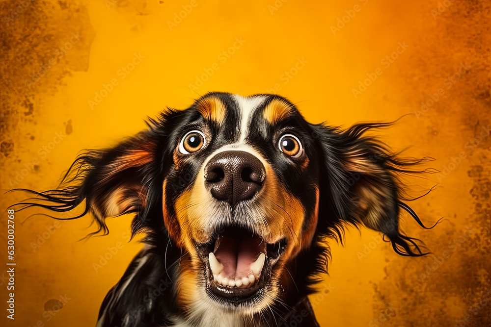 Portrait of Amazement surprised dog with opened mouth on yellow background