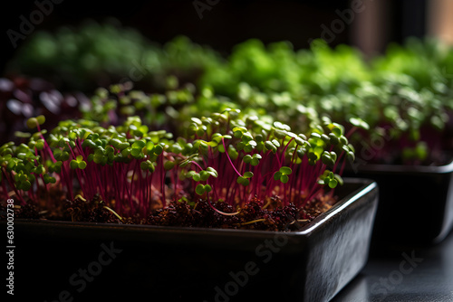 red cabbage or arugula or radish microgreens sprouts close-up on purple background healthy plant bazed vegan diet generative ai