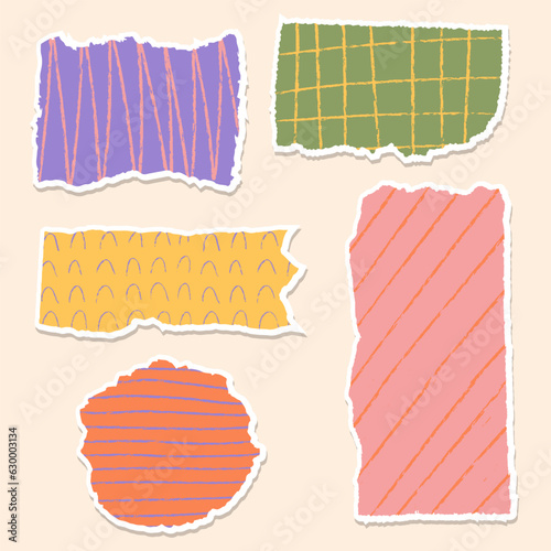 Collage art set with vintage paper ellements. Torned craft notebook shapes with colordil textured pattern illustration. Zine culture. Vector collection.