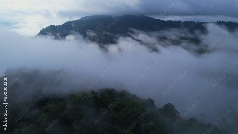 Aerial view of a forest in the lush green rain cloud cover tropical rain forest mountain during the rainy season in the northern Thailand. Aerial view of a forest in the lush green rain cloud cover tropical rain forest mountain during the rainy season in the northern Thailand.