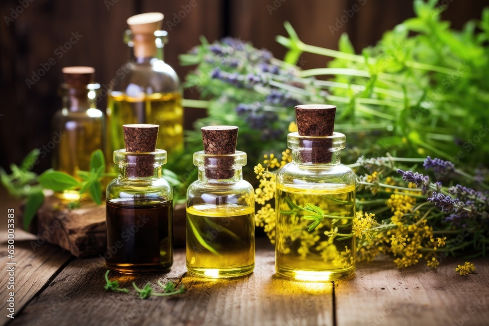essential oil bottles with fresh herbs on wooden surface essential oil bottles with fresh herbs on wooden surface