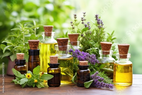 essential oil bottles with various aromatic plants