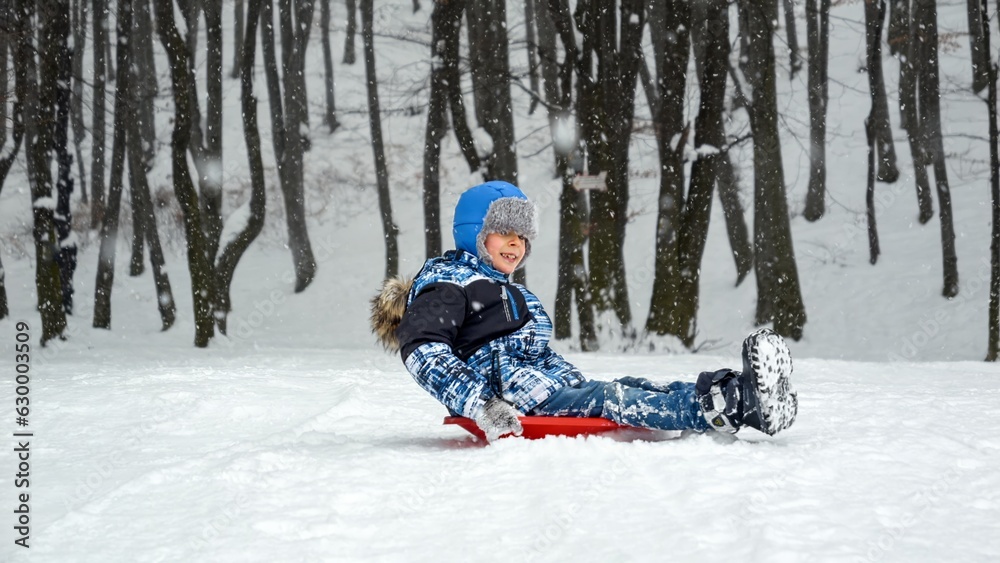Cheerful young boy rides down a snowy slope on his red plastic sled, his face lit up with excitement and laughter. Winter playtime and the unbridled enthusiasm of youth.