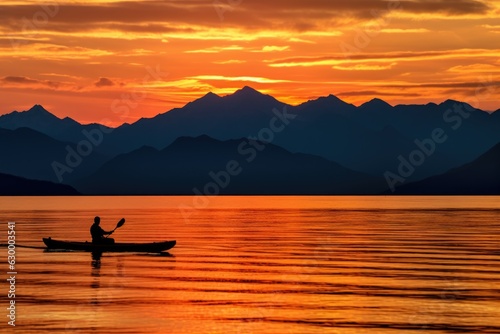 silhouette of a kayak at sunset with mountains in background © Natalia