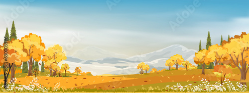 Autumn landscape scenery with morning sky and cloud over forest trees with fall leaves,Vector banner wonderful picturesque background with yellow foliage,Cartoon Colour Nature Fall season background