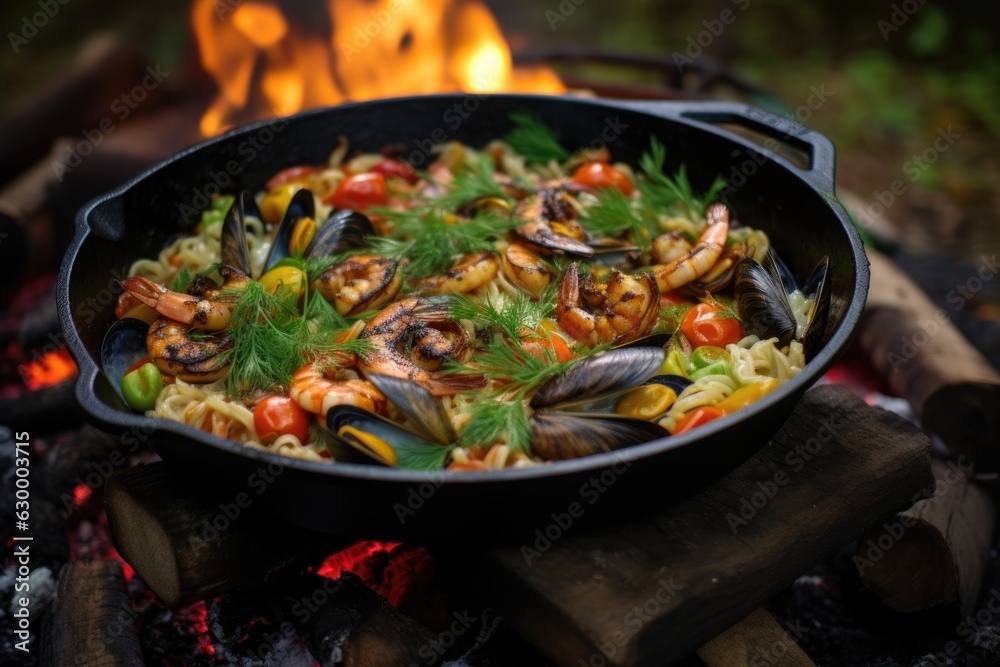 close-up of seafood pasta in a cast iron skillet over campfire close-up of seafood pasta in a cast iron skillet over campfire