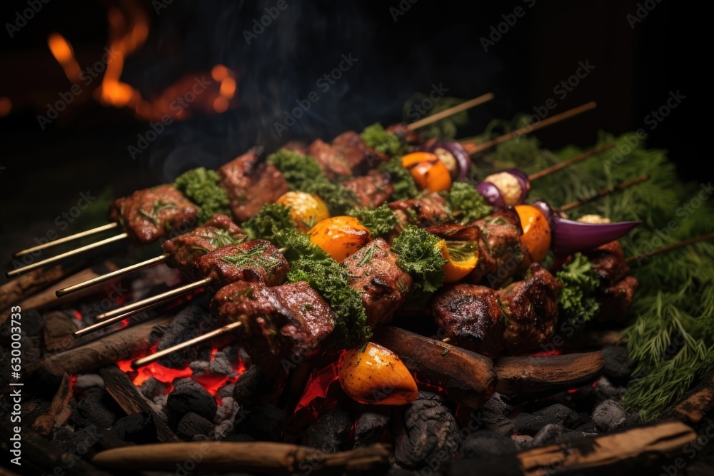 skewered shashlik pieces with herbs and spices near fire skewered shashlik pieces with herbs and spices near fire