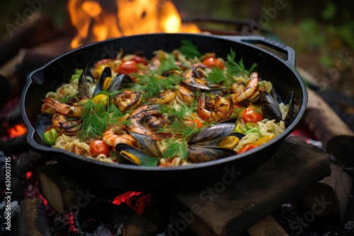 close-up of seafood pasta in a cast iron skillet over campfire