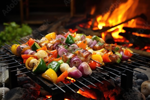 shashlik skewers with colorful vegetables over open fire