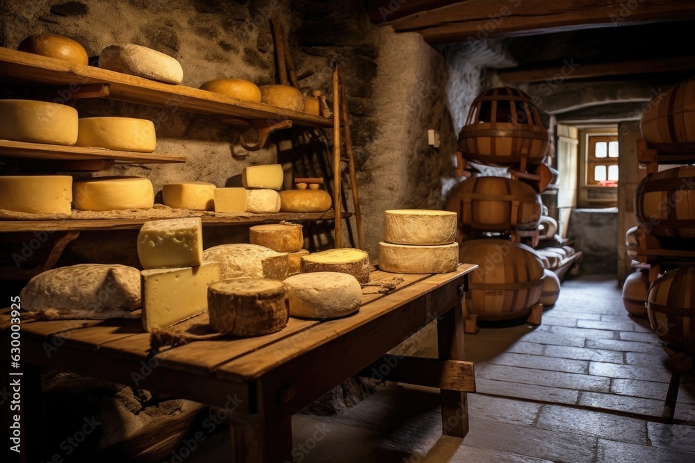 cheese aging on wooden shelves in a cellar