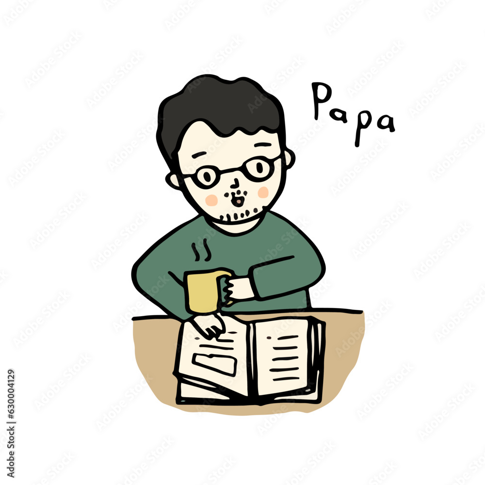 Father reading book with hot coffee, hand drawn style vector Father reading book with hot coffee, hand drawn style vector