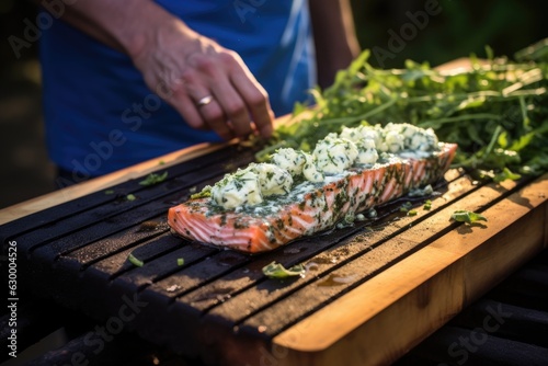 cedar plank with blue cheese and fresh herbs on grill