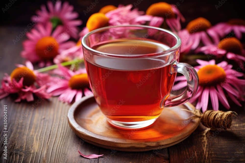 echinacea flowers with a cup of brewed immune-boosting tea echinacea flowers with a cup of brewed immune-boosting tea