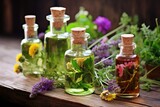 essential oil bottles with fresh herbs and flowers