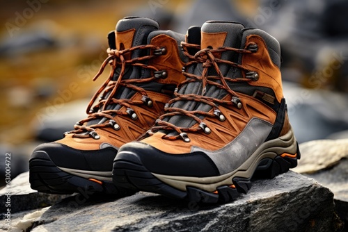 close-up of hiking boots on rugged terrain