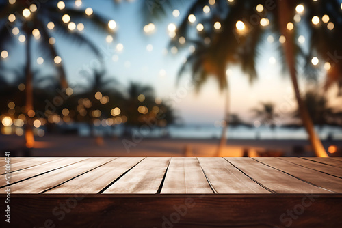 wood table top on blur beach party night background AI Generative