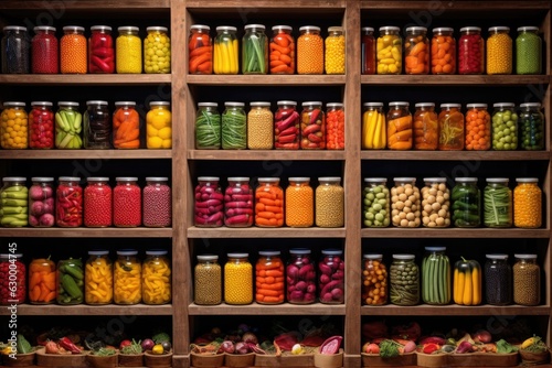 rows of colorful canned fruits and vegetables on wooden shelves