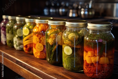 close-up of sealed jars filled with pickled vegetables