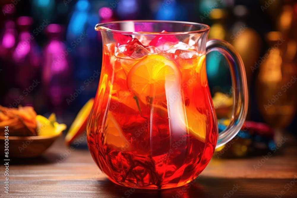 close-up of colorful rum punch in glass pitcher close-up of colorful rum punch in glass pitcher