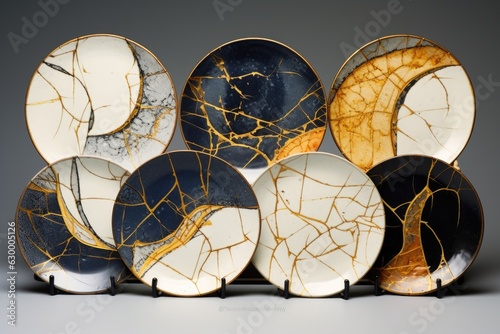 collection of kintsugi repaired ceramic plates photo