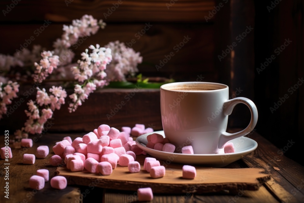 steaming cup of hot chocolate with marshmallows on wooden table steaming cup of hot chocolate with marshmallows on wooden table