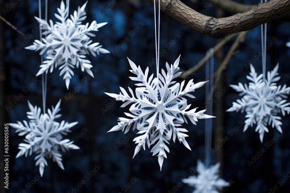 handmade paper snowflakes hanging from a branch handmade paper snowflakes hanging from a branch