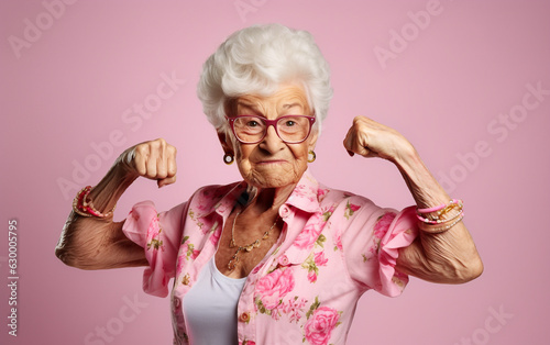 Fotografia Elderly funny and joyful woman shows her biceps
