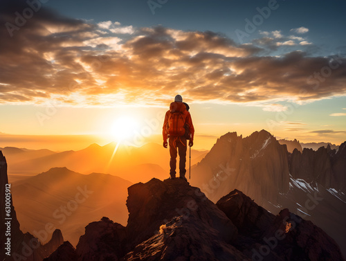 A person standing at the top of a mountain facing the sunlight, symbolizing success, perseverance, and courage