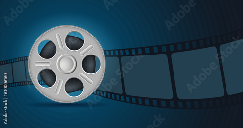Realistic film strip in waveform with cinema film roll. Cinema background with 3d element for film industry. Template for banner, brochure, flyer, poster. Movie time background. Cinematography concept