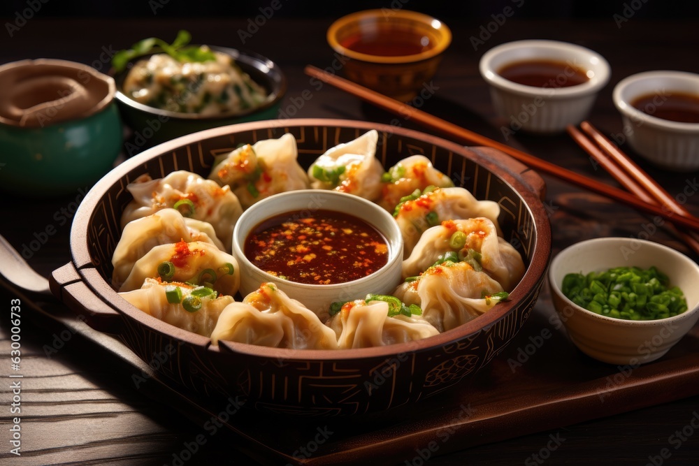 dumplings served with dipping sauce in a bowl dumplings served with dipping sauce in a bowl