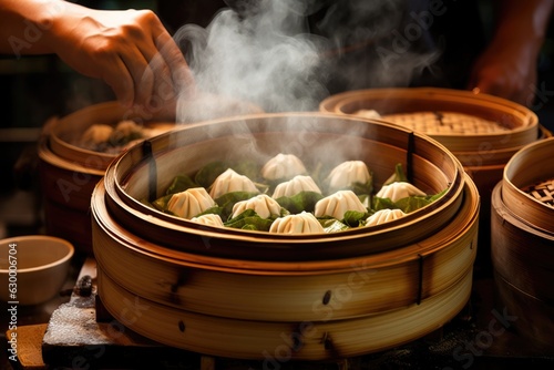 steaming process of dim sum in a traditional bamboo steamer