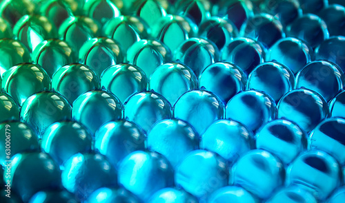 Blue turquoise hydrogel round shape. Macro of gel balls. Abstract geometric background