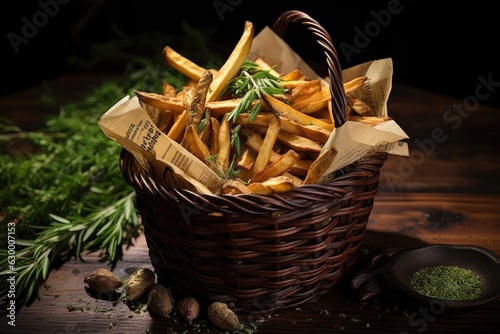 crispy fries in a basket with herbs as garnish