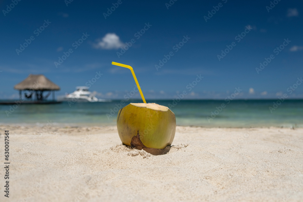 Fresh yellow ripe coconut with a straw on a white sand beach with blue sky and ocean water in the background. Selective focus, space for copy. Beach vacation, travel and south destination concept. Fresh yellow ripe coconut with a straw on a white sand beach with blue sky and ocean water in the background. Selective focus, space for copy. Beach vacation, travel and south destination concept.