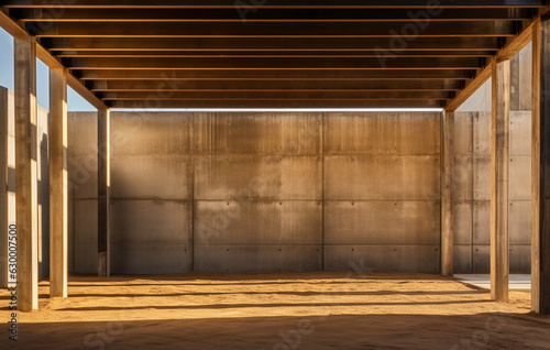 Building under construction, wooden wall, concrete, golden light, abstract minimalism style © Tessa