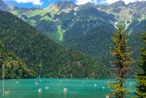 View of the mountain lake Ritsa in Abkhazia sunny clear day.